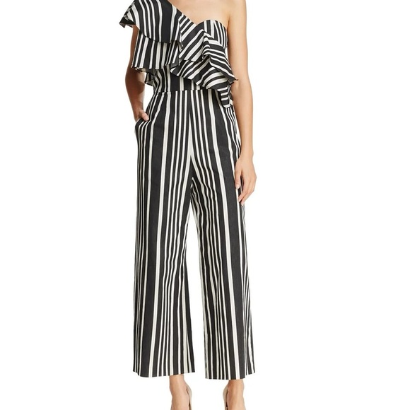 Alice + Olivia Black and White Striped One-Shoulder Jumpsuit